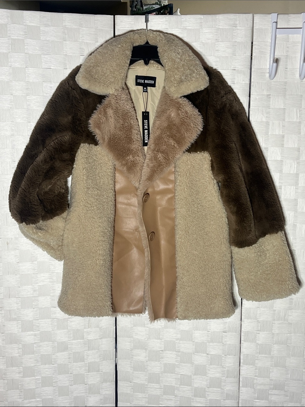 Steve Madden Two-Tone Faux Shearling Jacket in Tan & Dark Brown